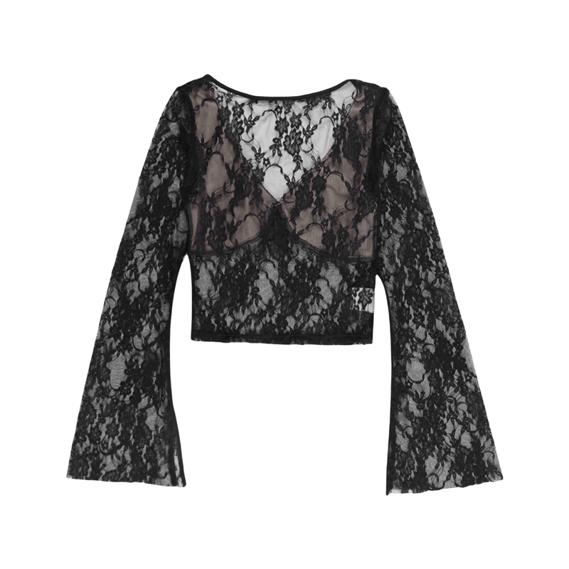 Cyber y2k Tops Women Aesthetic See Through Floral Lace Flared Long Sleeve T Shirt 2000s Goth Grunge Clothing Streetwear