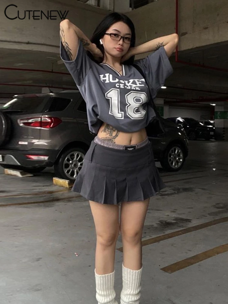 Basic Wild Women T-shirts Summer Casual Summer New Short Sleeve V-neck Loose Tees Printed Basic Female Street Sporty Top