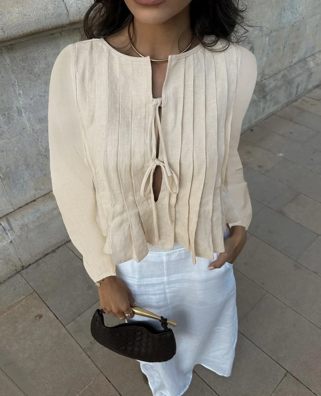 Patchwork Fashion Lace-Up Shirts Top For Women Hollow Out Casual Bandage Solid Elegant Long Sleeve Top Female Cropped Tee