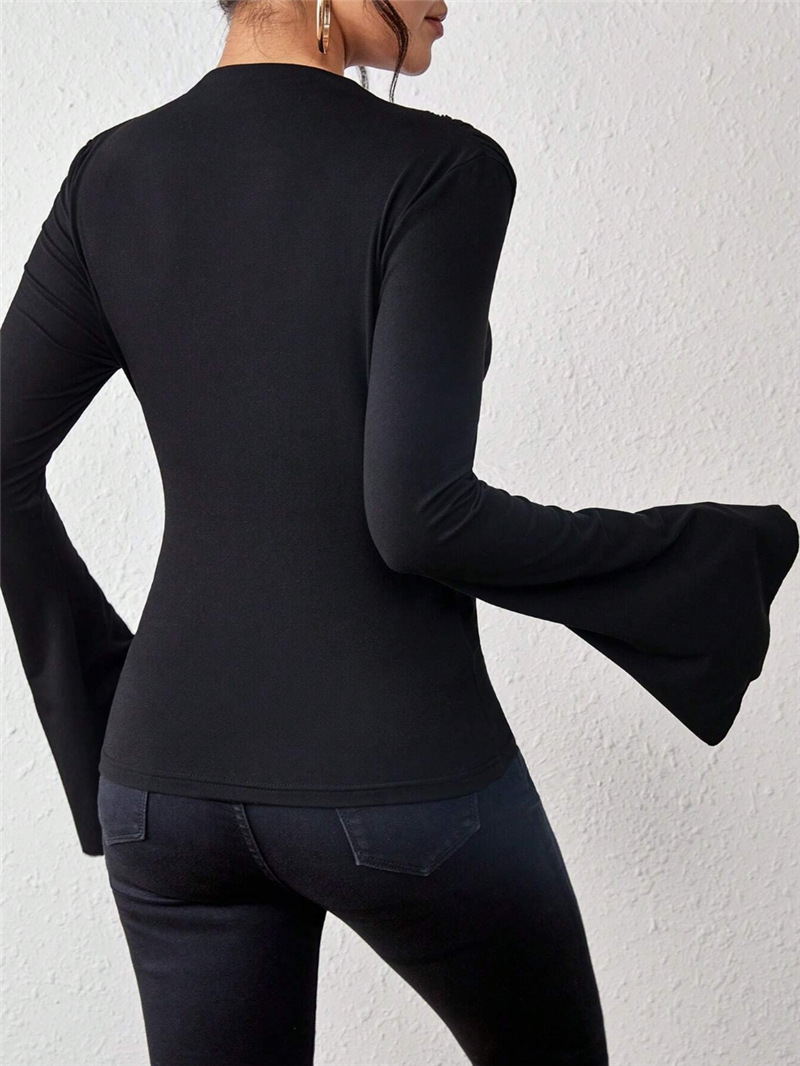 Autumn Winter Pleating Bell Sleeve Stand up Collar Slim Fit T shirt