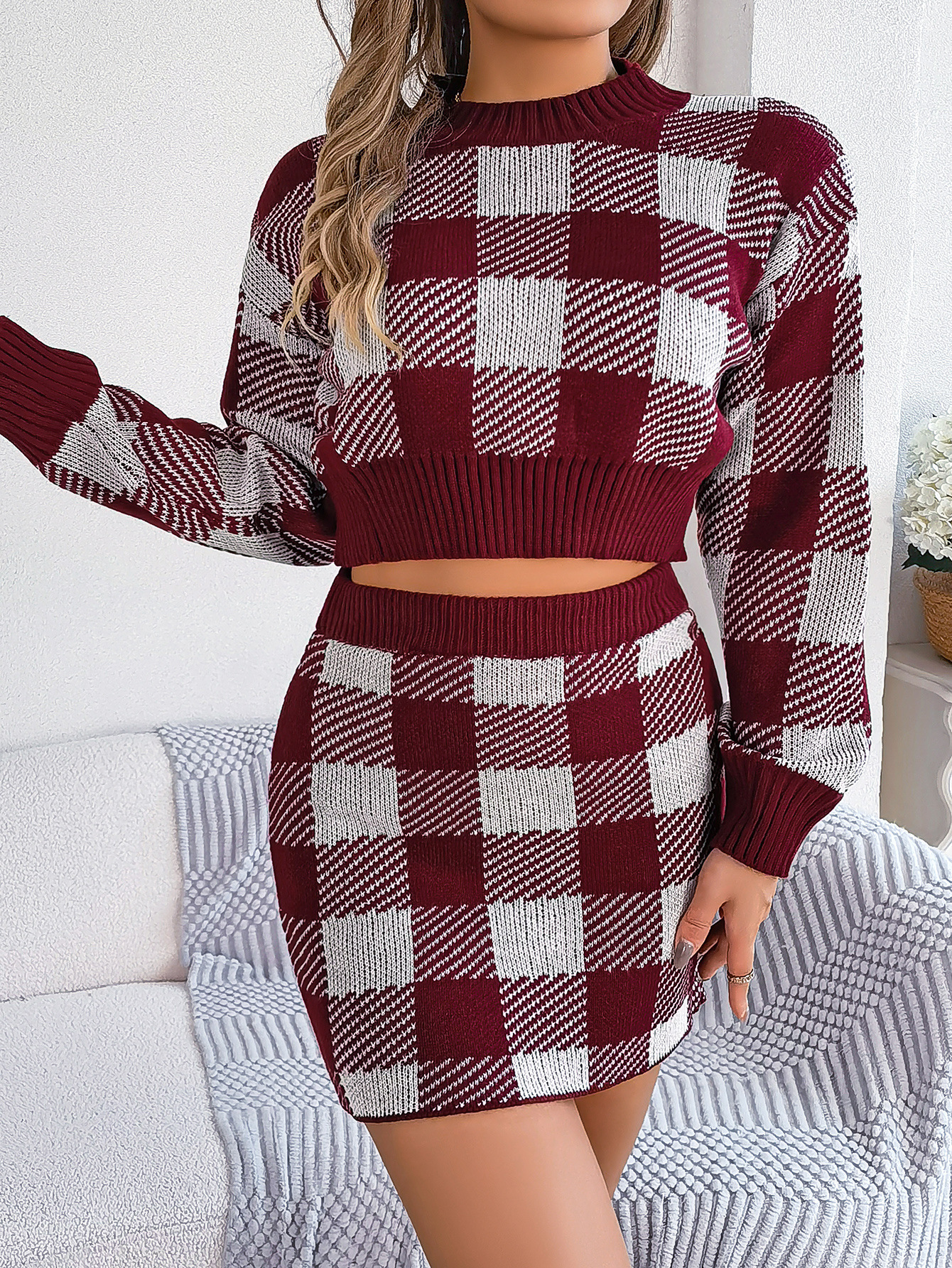 Autumn Winter Casual Color Contrast Check Long Sleeves Cropped Sweater Sheath Skirt Set Women Clothing