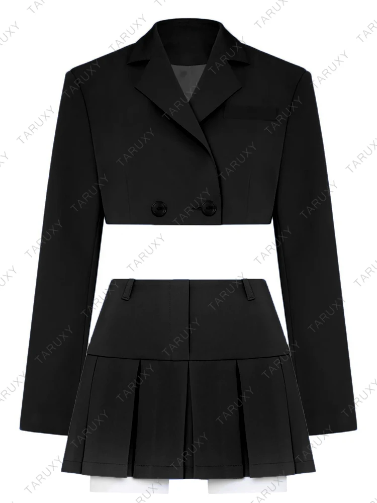 Black Blazer Sets 2025 Fashion Two Piece Cropped Blazer Jacket Coat And Mini Skirts Sets For Women Casual Suit Streetwear