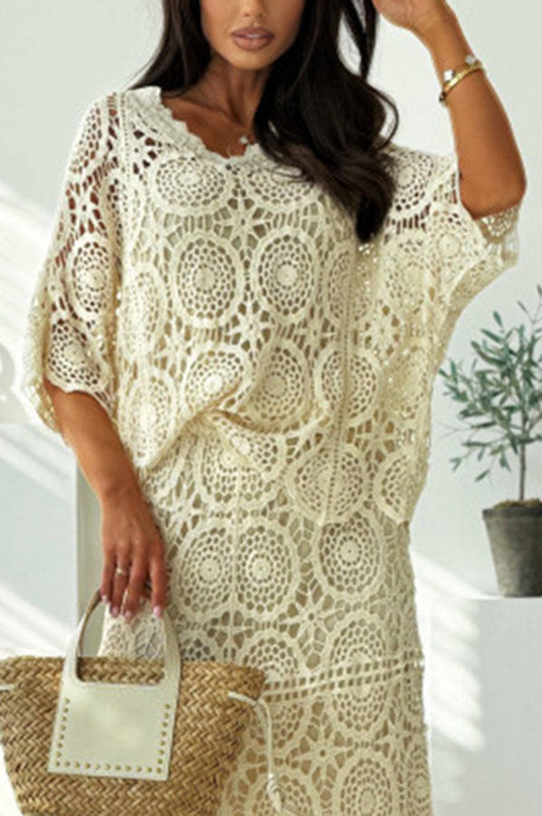 Pasarello Crochet Cutout Batwing Sleeve Cover-up Top and Elastic Waist Maxi Skirt Set
