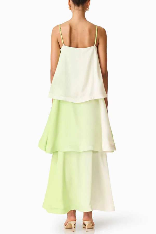 Elisia Satin Color Block Flower Print Tiered Slip Square Neck A-line Maxi Dress