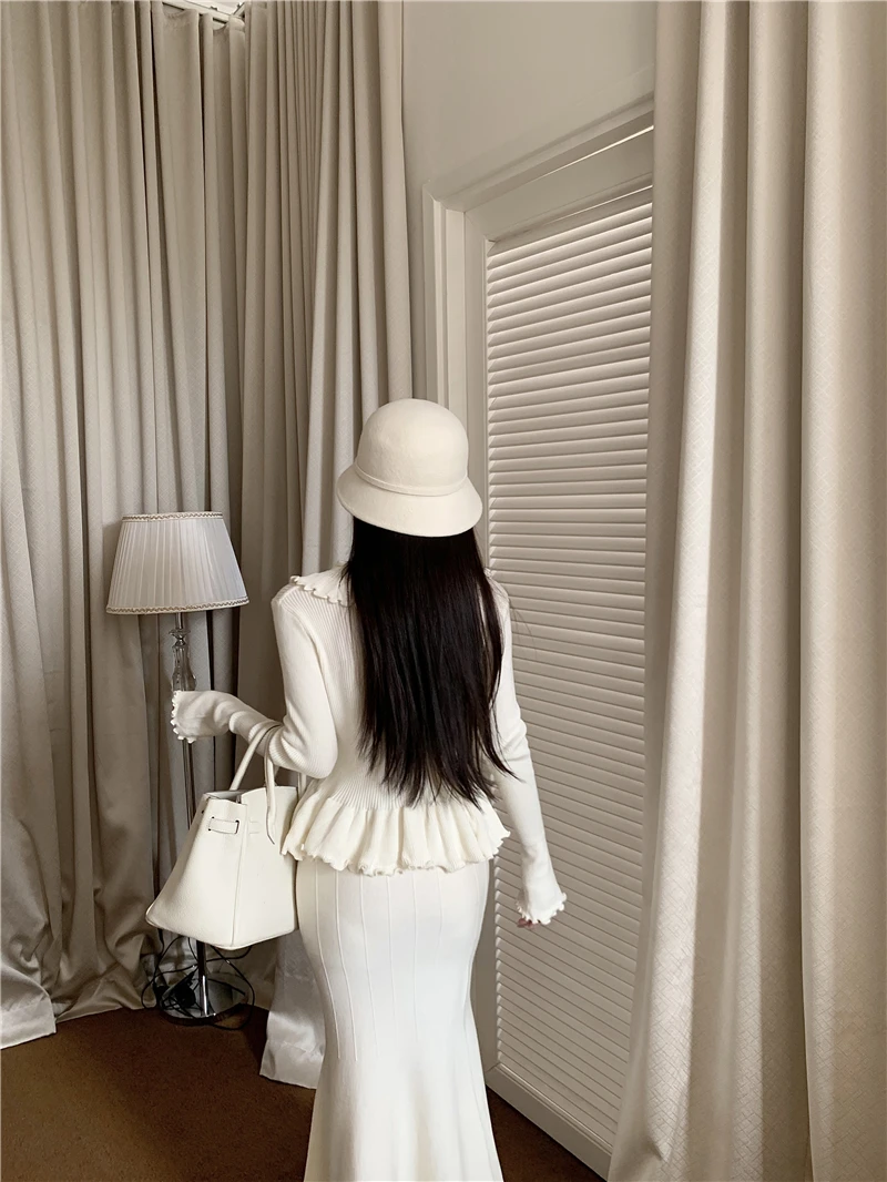 Autumn Winter Knitted 2-Piece Sets Women Ruffles Tops Bodycon Fishtail Skirt Slim Solid Knitwear Outfits Korean Fashion Suit