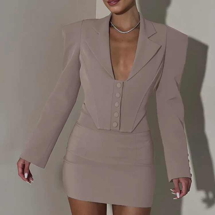 Fall New Mini Skirt Suit Long Sleeve Lapel Fishbone Top Hip-Covering Skirt Sexy Bodycon Two-Piece Commuting Sets Female
