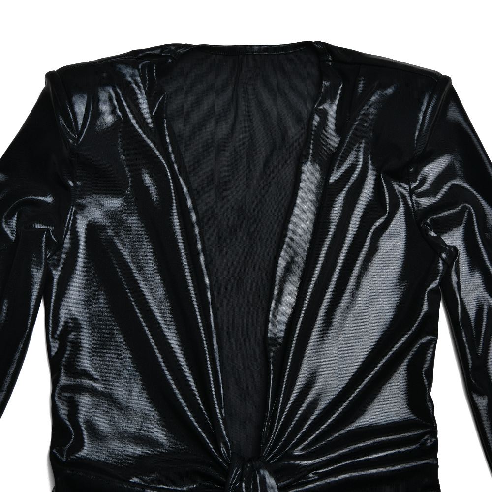 Metallic Coated Fabric Dress Sexy Glossy V neck Long Sleeve Stitching Ruffle Hip Leather Dress
