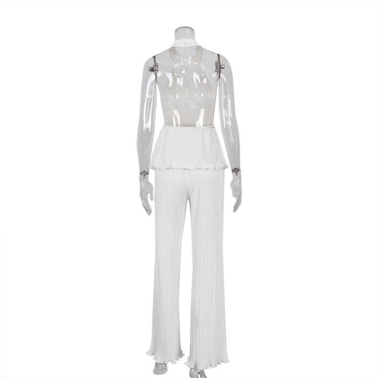 Halter Sexy Backless Sleeveless Vest White Pleated High Waist Wide Leg Pants Suit for Women textured