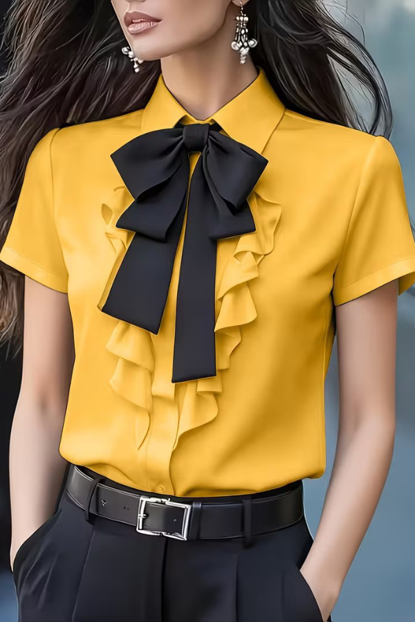 Solid Color Tie-neck Ruffle Collar Short-sleeved Casual Shirt