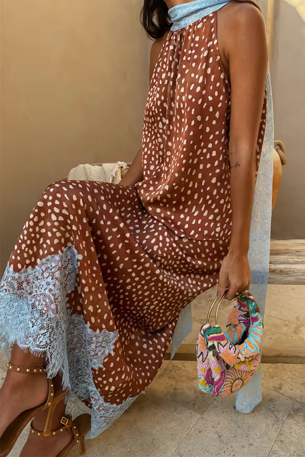 Stunning Fawn Print Contrast Color Satin Lace Trim Mid Rise Maxi Skirt