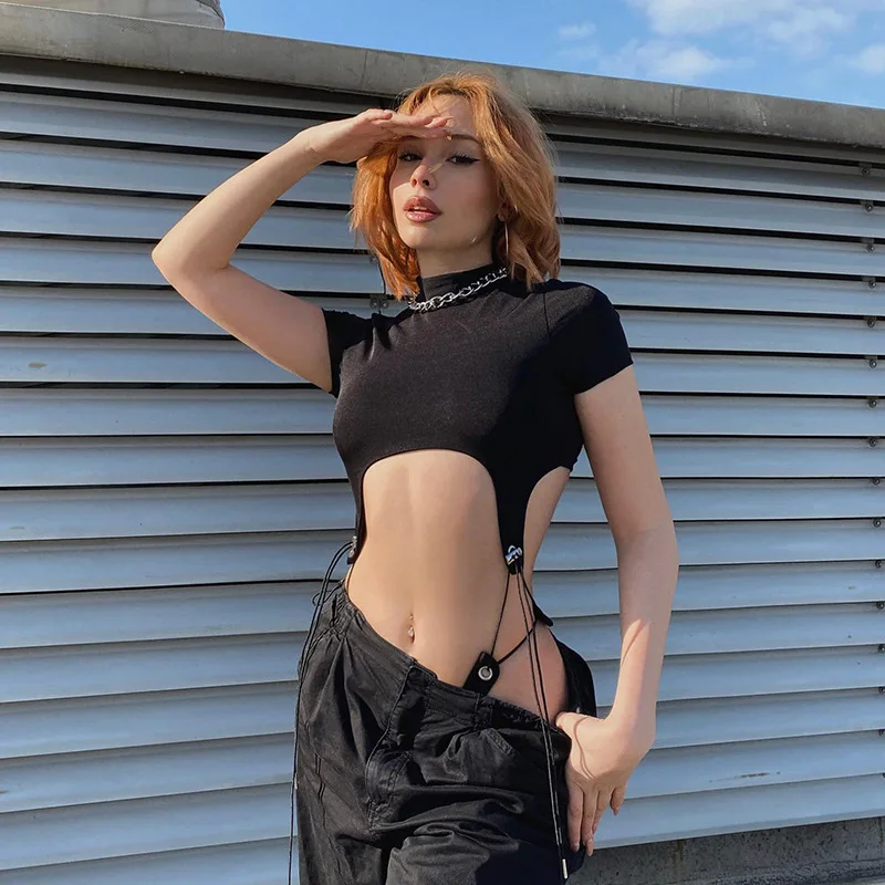 Short Sleeve Bodysuit, Mock Neck Women Y2k Clothes, Hollow Out One-Piece Body Feminino, Lace Up Club Outfits, Sexy Lingerie