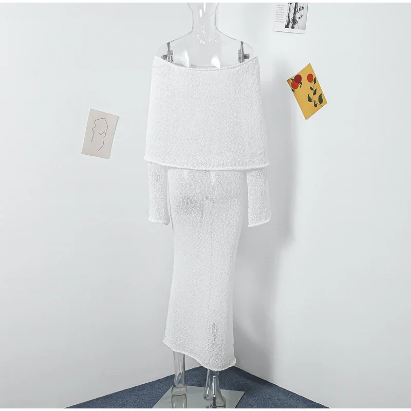 Beach Knitted Off The Shoulder Long Dress Women Slim Flare Sleeve Hollow Out Maxi Dresses 2025 Summer Lady Hip Package Robes
