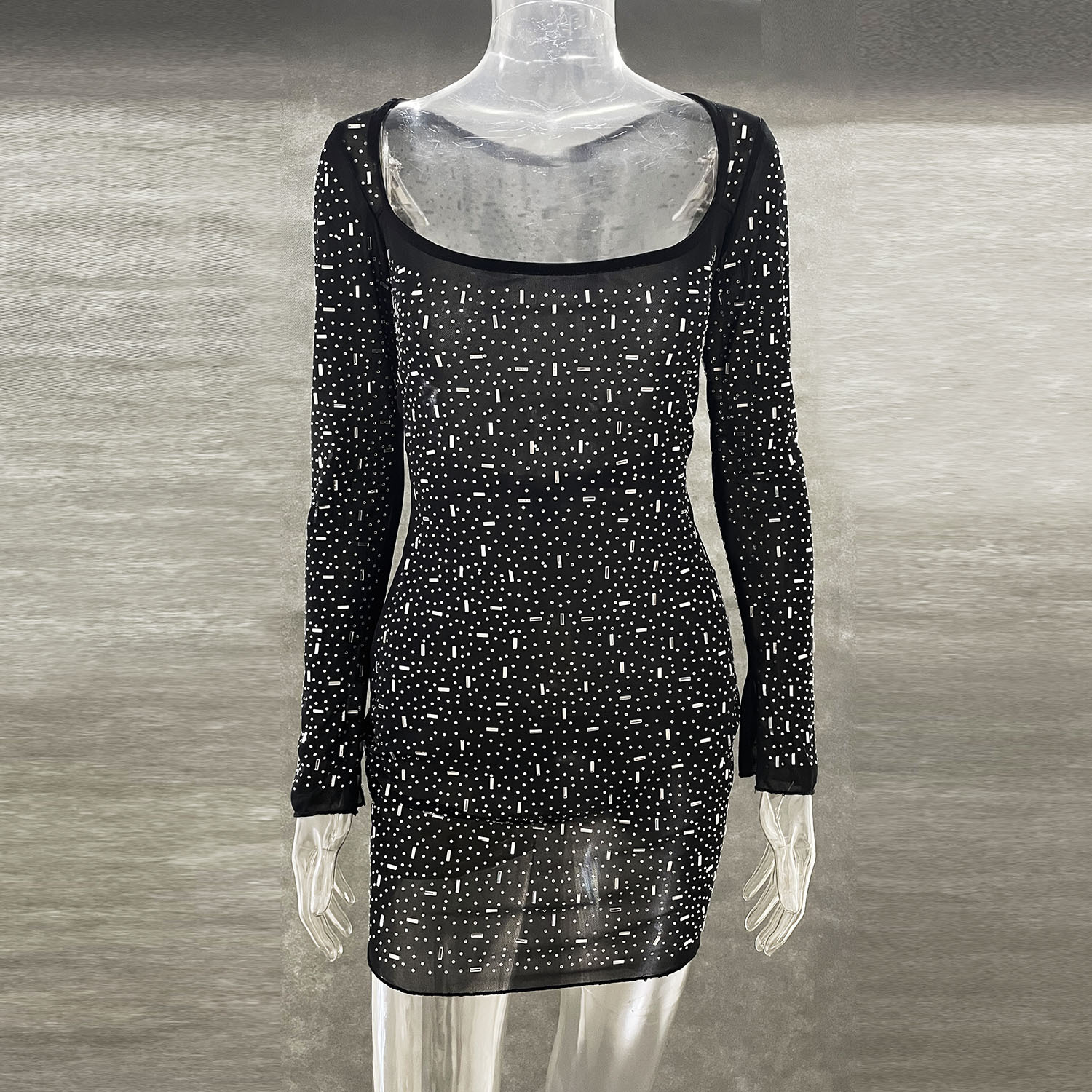 Best Women Clothes Sequined Rhinestone Sexy Semi See through Long Sleeve Short Dress