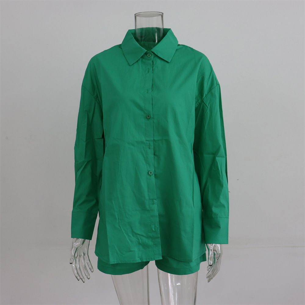 Spring Summer Two Piece Set Solid Color Single Breasted Long Sleeve Collared Shirt Shorts Loose Casual Set