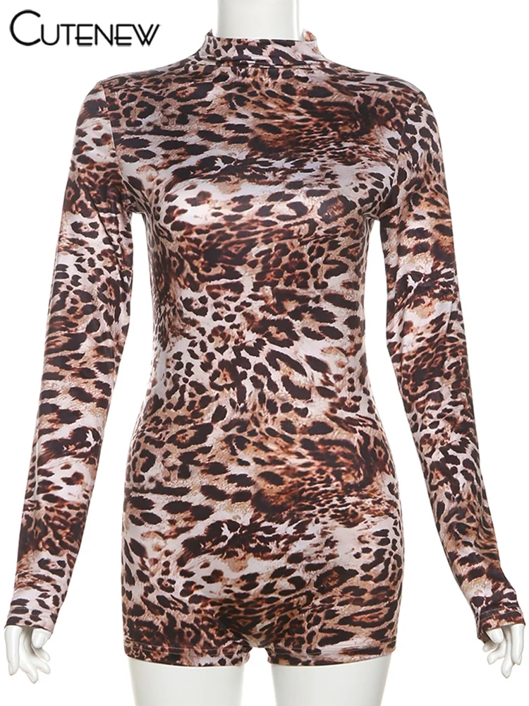 Popular Leopard Print Women Playsuit Autumn New Fashion Full Sleeve O-neck Skinny Stretch Rompers Mujer Street Clubwear