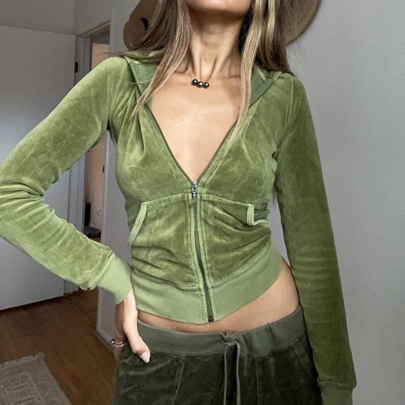 Casual Velvet Crop Top Winter Jacket Women Green Pink Zip Up Hoodies Coats Ladies Fashion Skinny Overcoat Streetwear
