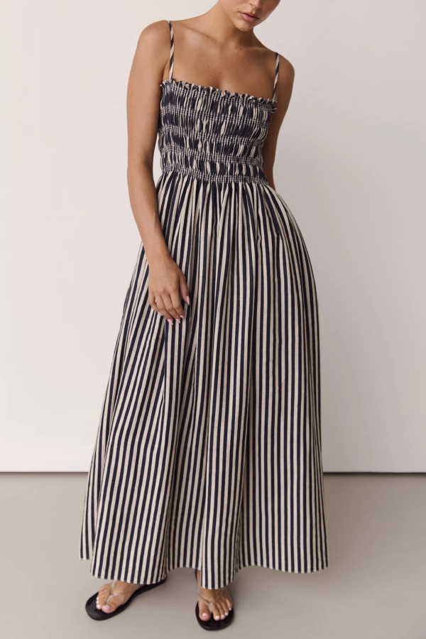 Striped Print Spaghetti Strap Pleated Pocket Casual Vacation Maxi Dress