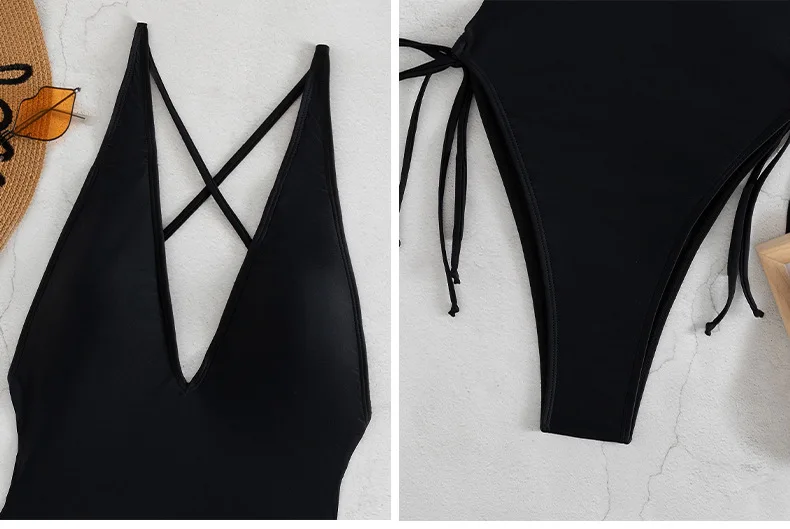 Solid V-neck One Piece Swimsuit for Women Sexy Cross Bandage Swimwear Backless Bathing Suit New Monokini