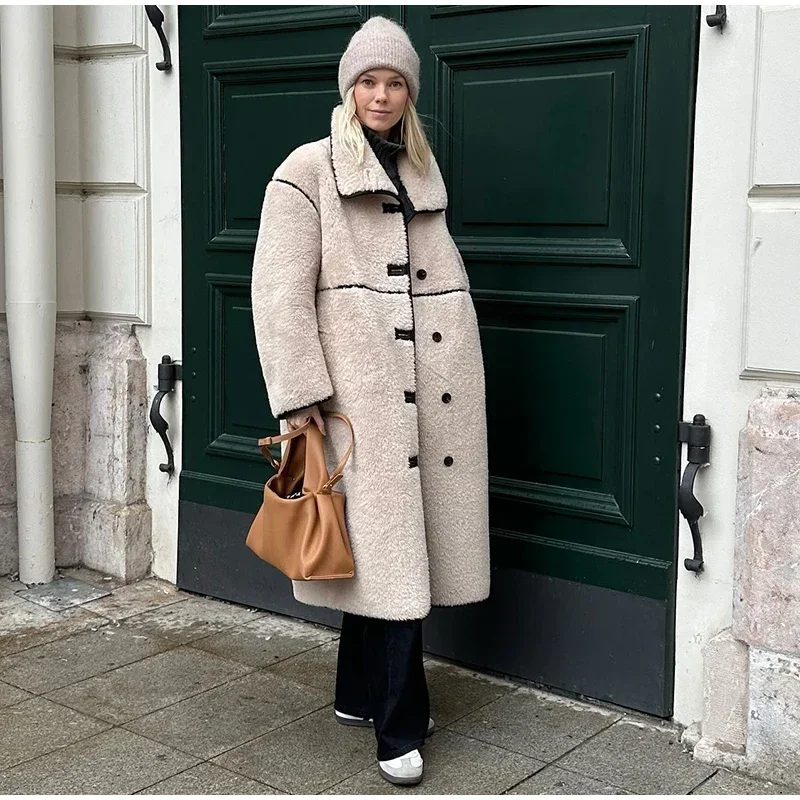 Fashion Beige Faux Fur Long Coat Women Winter Buttons Lapel Long Sleeve Lamb Fleece Jacket 2025 New Lady Loose Street Outerwear