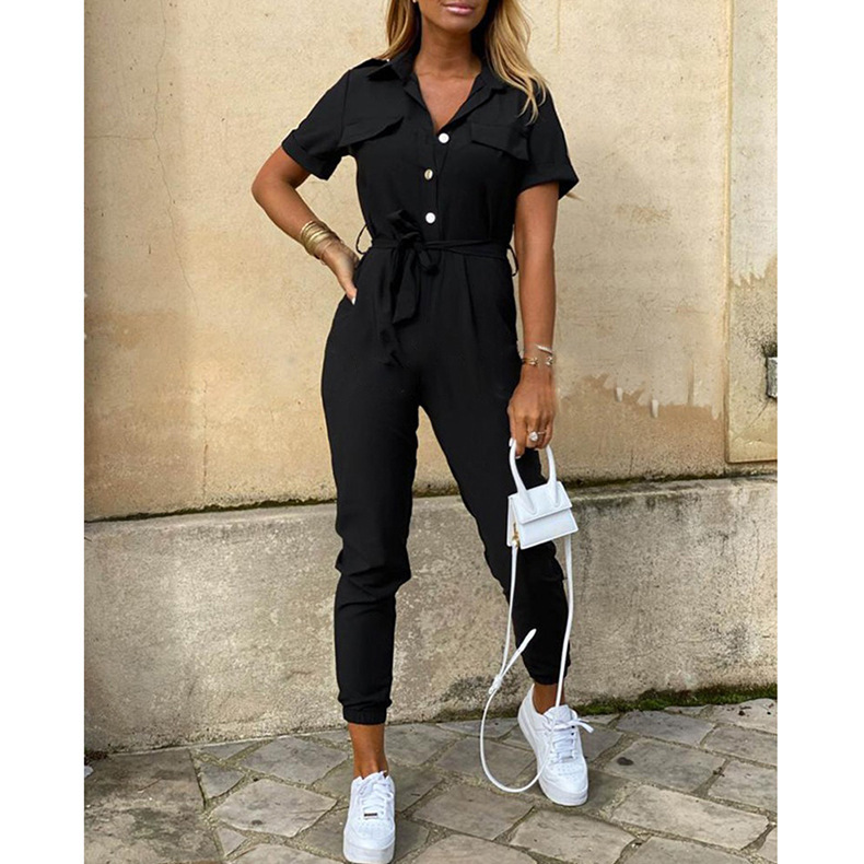 Women Clothing Trousers Casual Collared Button Printed Belt Cargo Overalls Plus size