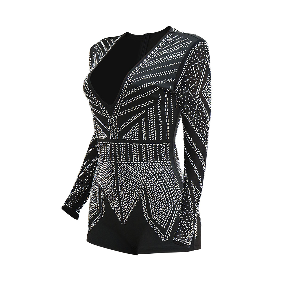 Sexy Deep V Plunge-neck See-through Polyester Mesh Long Sleeve Stitching Straight Slim Fit Bodysuit Women Clothing