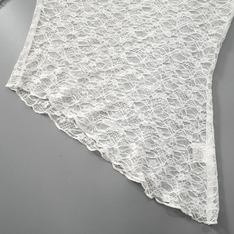 Sexy Lace Sheer T-shirt Cover-ups Women See Through Long Sleeve Asymmetrical Tees Shirt Ladies Floral Mesh Crop Tops Fashion