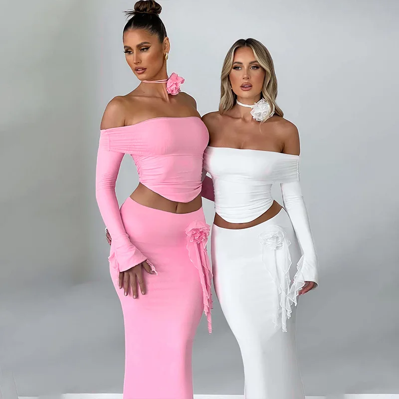 Winter New Sexy Long Sleeved Half Skirt Set For Woman 3D Flower Slim Tight Long Skirt Party Evening Dress Two Piece Set