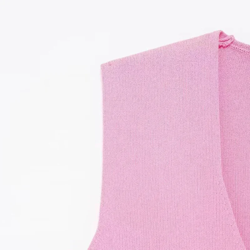 Elegant Knit Short Vest for Women V Neck Single Breasted Sleeveless Waistcoat Pink Top Female New Lady Classic Streetwear