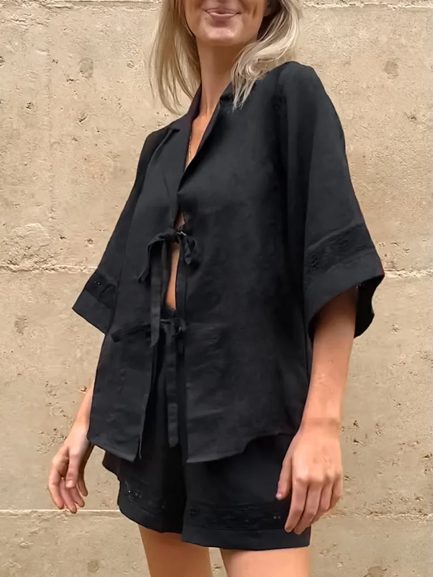 Fashion White Cotton Linen Hollow Out Lace Up Top And Short Pants Suit Women's Loose Top Casual Splice Sets Lady Summer