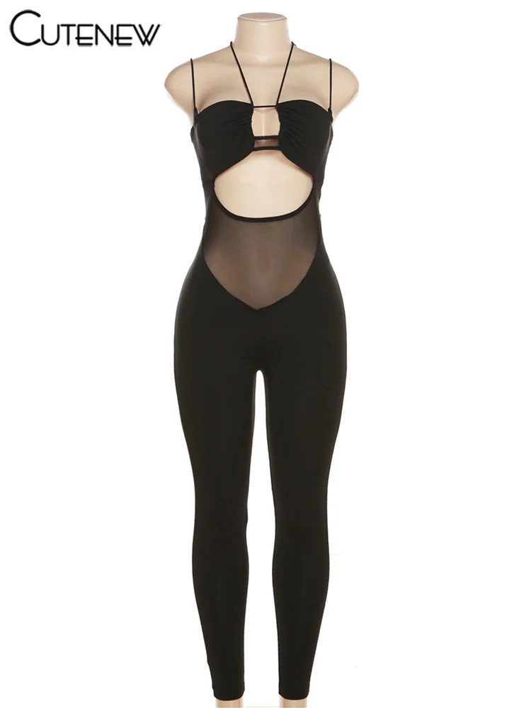 Women's Solid Mesh Casual Jumpsuit Spaghetti Strap Body-shaping Romper Overall Female One-piece Pants Fashion Streetwear