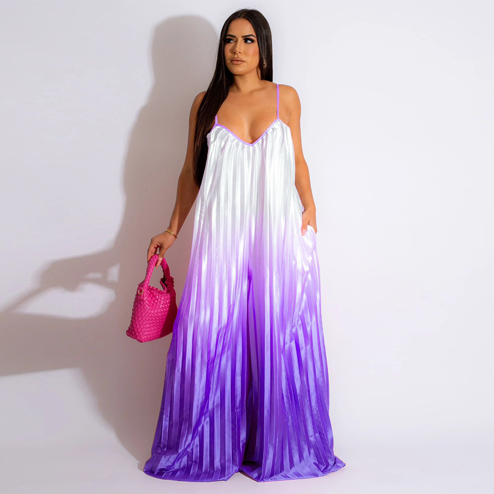 Women Clothing Sexy Deep V Plunge Sling Backless Wide Leg Pants Gradient Jumpsuit