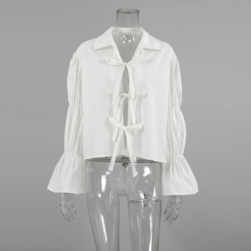 Chiffon Lace-Up Hollow Out Shirts Women's Lapel Patchwork Bandage Long Sleeve Fashion Blouse Top Female White Outwear