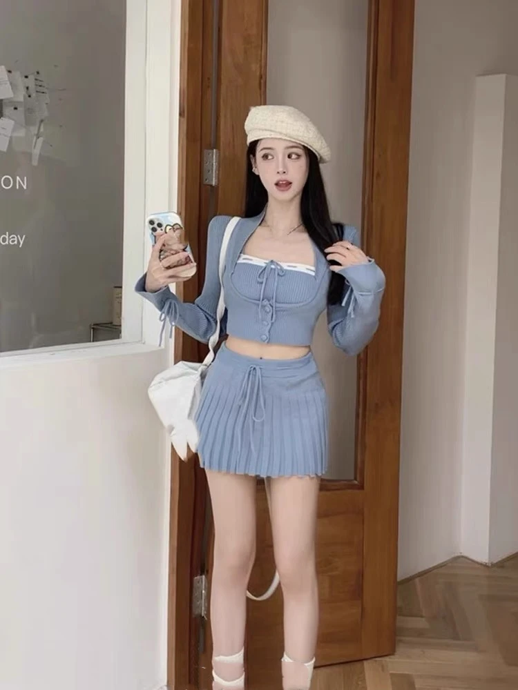 Solid Knitted Suit 3 Piece Set Woman Y2k Cropped Patchwork Vest + Slim Cardigan + Mini Pleated Skirt Autumn Korean Chic Outfits