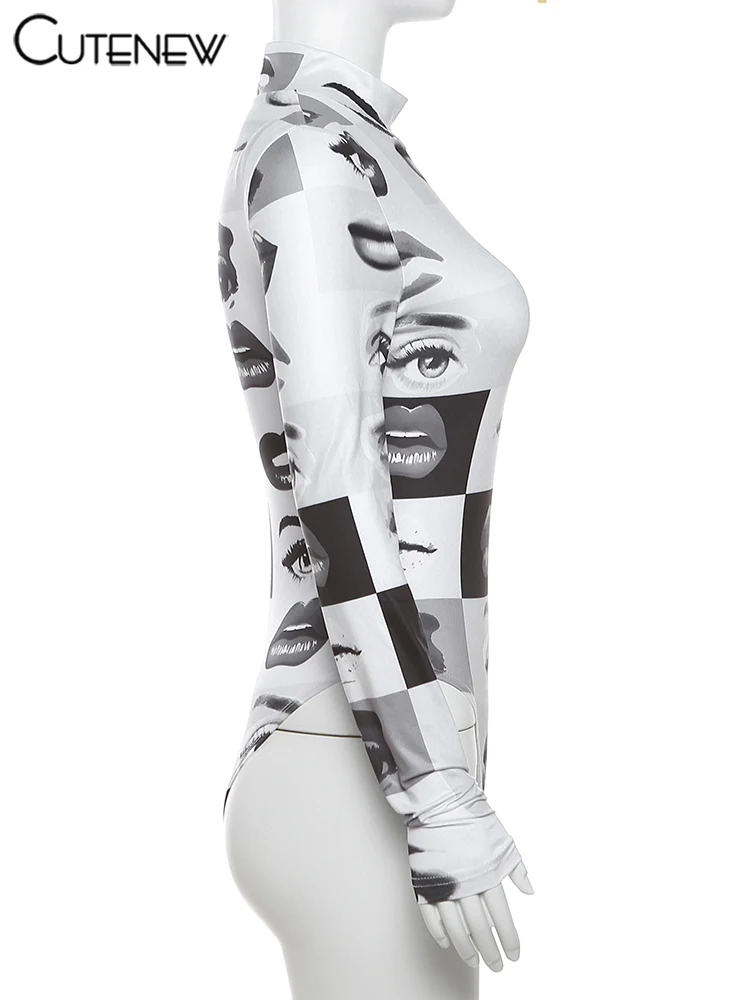 Women's Patchwork Turtleneck Printed Long Sleeve Bodysuit New Fashion Solid Tops Club Partywear Autumn Streetwear