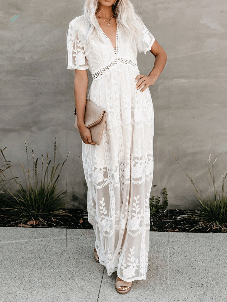 White Lace Boho Maxi Dress for Women - V Neck Short Sleeve Sheer Long Dress - Summer Beach Bridal Resort Wear 2026