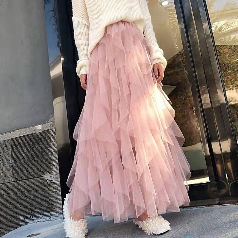 Autumn Winter Vintage Layered Tulle Skirt Women Elastic High Waist Mesh Skirts Long Pleated Tutu Skirt Jupe Longue