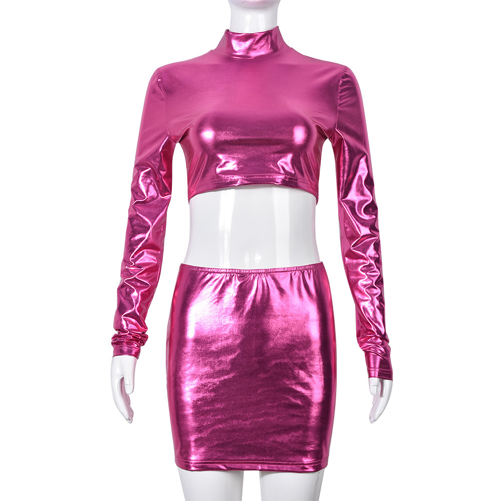 Metallic Coated Fabric Women Clothing Glossy Sexy Bare Cropped Slim Fit Hip Skirt Set