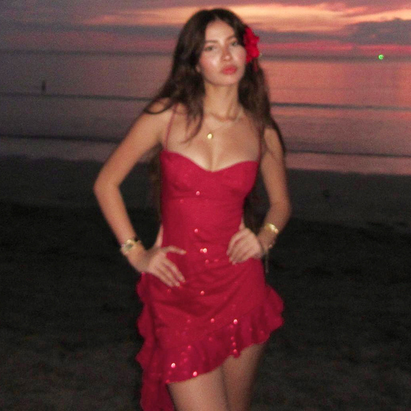 Spring Women Sexy Mesh Irregular Asymmetric Ribbon Slim Fit Backless Sling Dress