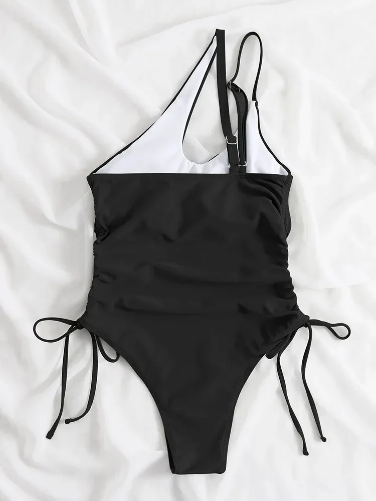 Sexy Deep V Neck One Piece Swimsuit Women Solid Yellow White Hollow Out Pleate Swimwear Beach Bandage Bathing Suit Monokini