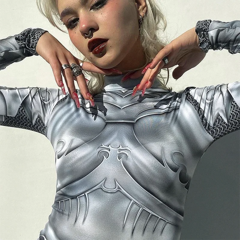 Printed Skinny Sexy Bodysuit Lingerie Gray One-pieces Bustier Long Sleeve Corset Top Streetwear Fashion Trends Women Clothing
