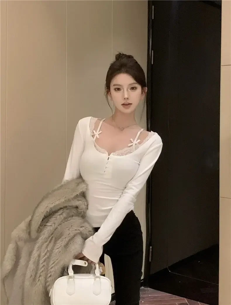Sweet Lace Stitching V-neck Skinny Top Pink Coquette Aesthetic Slim-fit Long Sleeve Knitted T-shirts Cute Casual Tees