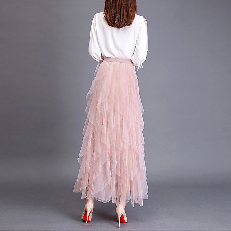 Autumn Winter Vintage Layered Tulle Skirt Women Elastic High Waist Mesh Skirts Long Pleated Tutu Skirt Jupe Longue