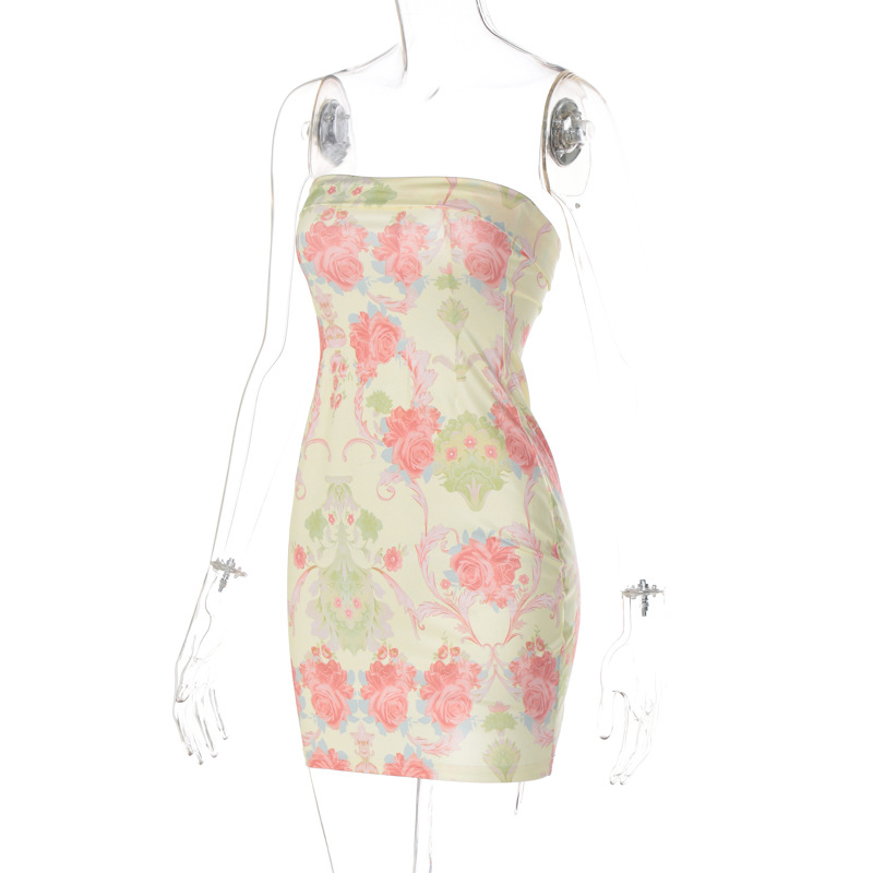 Women Clothing Fresh Floral Print Wrapped Chest Sheath Slim Dress