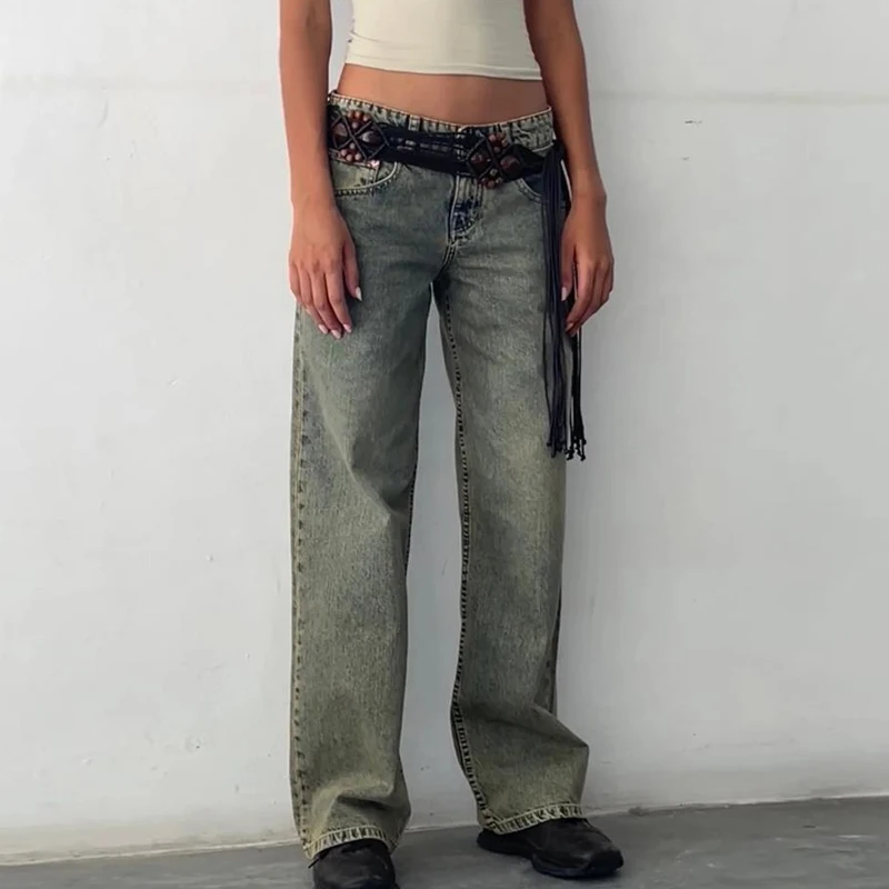 Women Y2K Wide Leg Denim Pants Baggy Low Waist Boyfriend Jeans Casual Vintage Loose Fit Jeans Trousers Cyber Grunge Streetwear