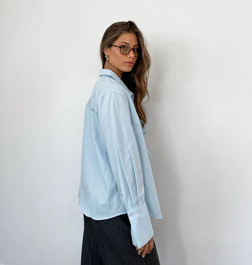 Women's Long Sleeve Shirt Hollow Lace Up Solid Color Casual Fashion Top Commuting Patchwork Women's Shirt Cardigan Top