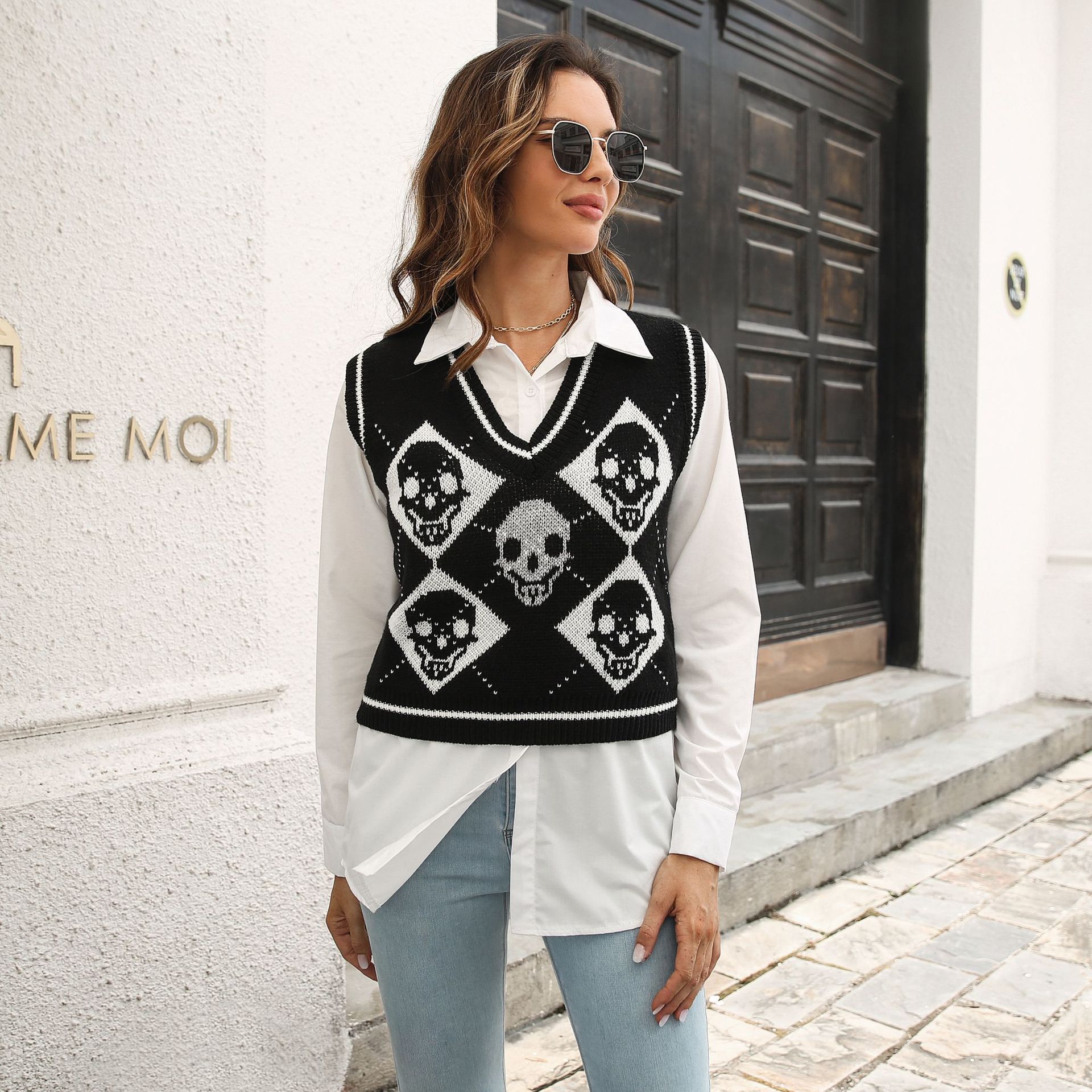 Halloween Skull Jacquard Rhombus Vest Sweater Women Vest Autumn Winter Knitwear