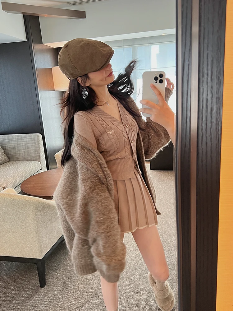Autumn Knitted Two Piece Skirt Set Women Long Sleeve Single Breasted V-neck Top Mini Pleated Skirt Korean Chic Female Outfit New