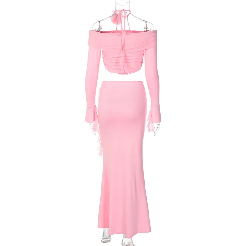 Winter New Sexy Long Sleeved Half Skirt Set For Woman 3D Flower Slim Tight Long Skirt Party Evening Dress Two Piece Set