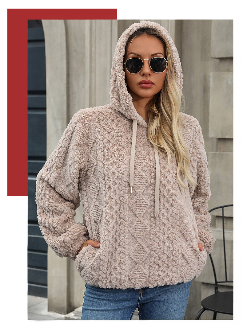 Autumn Winter Women Clothing Plush Jacquard Fabric Long Sleeve Loose Hooded Pullover Sweatshirt