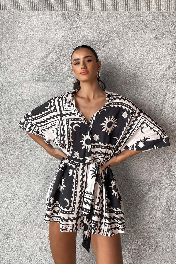 Summer Women Waist Controlled Lace up Geometric Abstract Printed Sexy Jumpsuit Amplified craft
